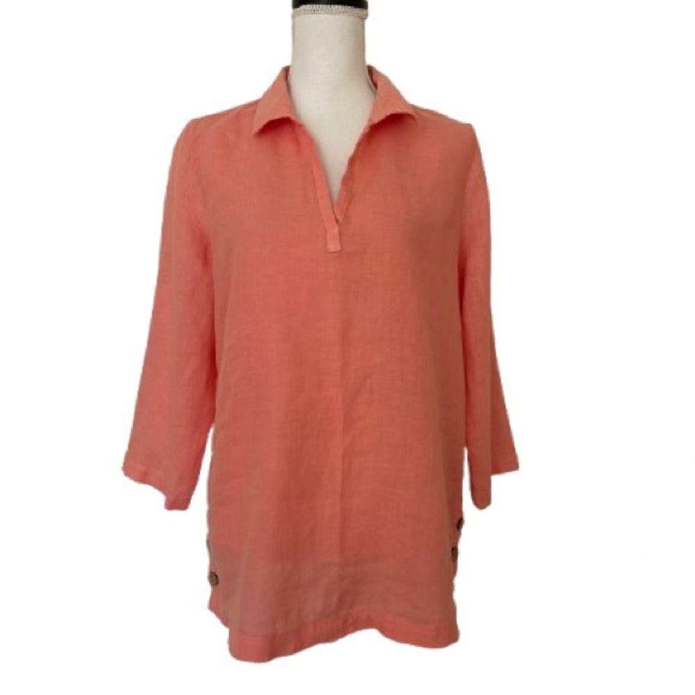 TAHARI Woman’s 100% Coral Linen 3/4 Sleeve LagerLook Tunic Blouse, Sz M
